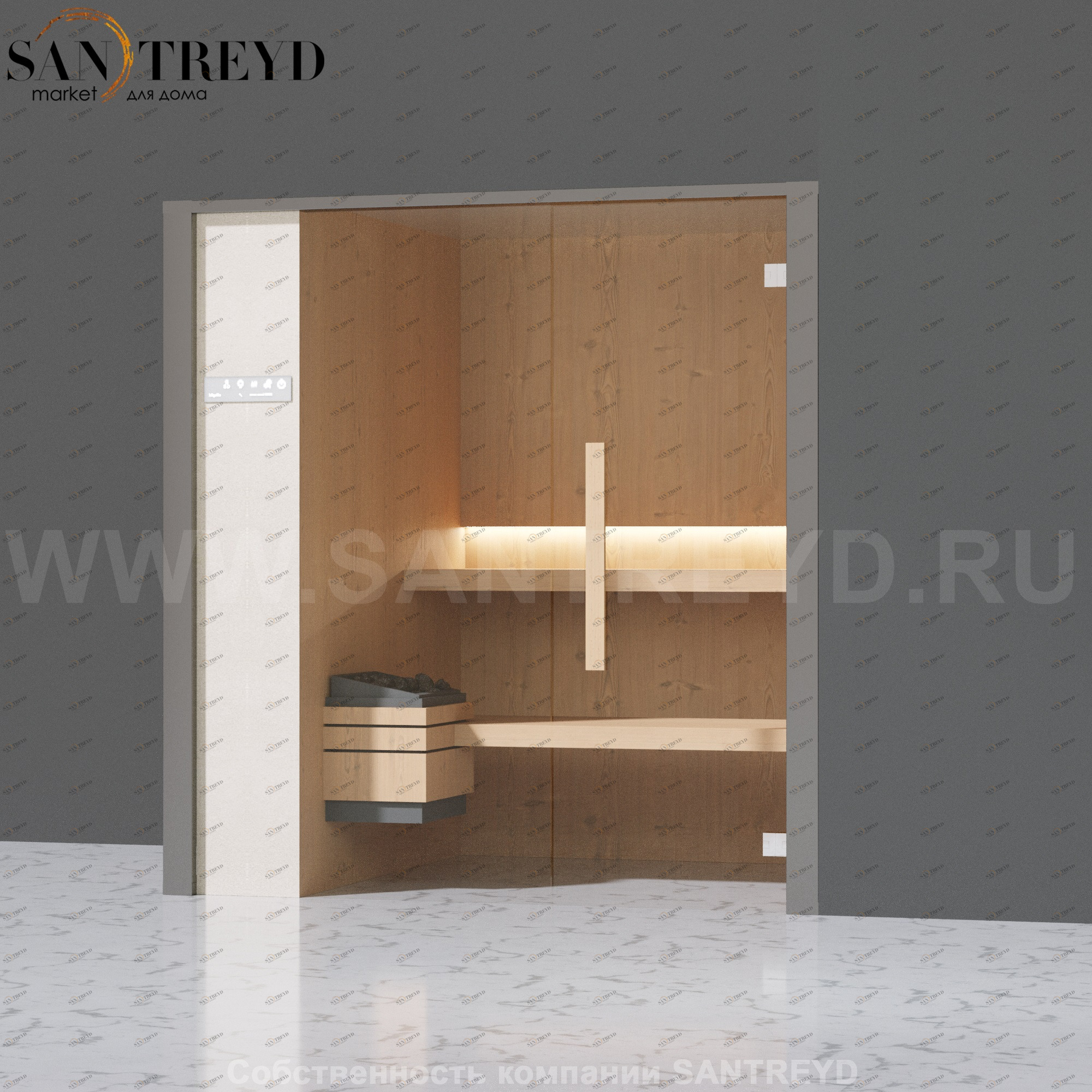 Effegibi ONEFILO S LO51010008 Сауна. Установка: в правый угол. Левая дверь. Мощность: 4,5 кВт макс. Размеры: длина 214 см, ширина 171 см. Отделка: матовый лакированный серый аллюминий и бежевый ламинат из керамогранита.