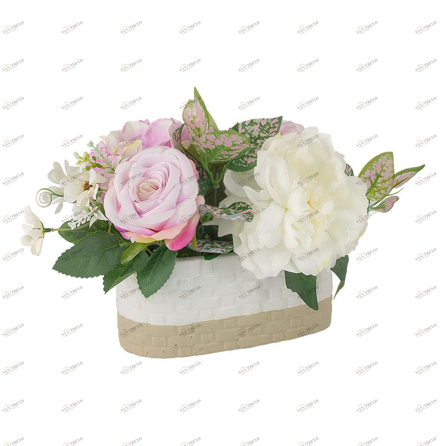 Цветы искусственные в керамической вазе 25 см "Пион и гортензии" DREAM GARDEN  00-3946465 Белый;зеленый;розовый 