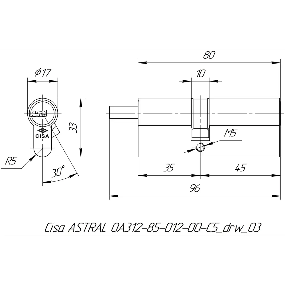 Цилиндр Cisa Astral ОА312-85.12, 45x35 мм, ключ/шток, цвет никель, без вертушки STLM-2066376 - Вид №4