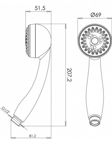 518000 000 00  Ручной душ Mutine с 2 струями, с системой защиты от накипи и ограничивающим поток уплотнением, Д. 65 мм, хромированный АБС-пластик Valentin Хром  - Вид №2