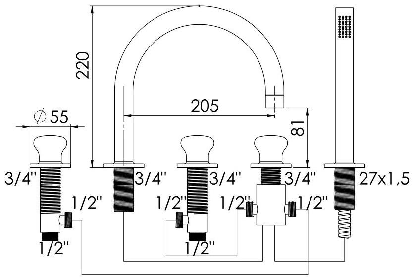 rvb Комплект для ванны на 5 отверстий с ручным душем Deville 1955.--.70 - Вид №1