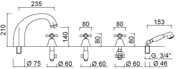 Rubinetteria Giulini Комплект для ванны на 5 отверстий с ручным душем Lotus - vienna F0560 - Вид №1
