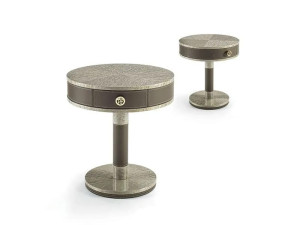 Круглая деревянная и кожаная прикроватная тумбочка