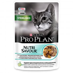 ПР0035794 Корм для кошек NutriSavour для стерилизованных и кастрированных, кусочки с океанической рыбой, в желе, пауч 85 г Pro Plan