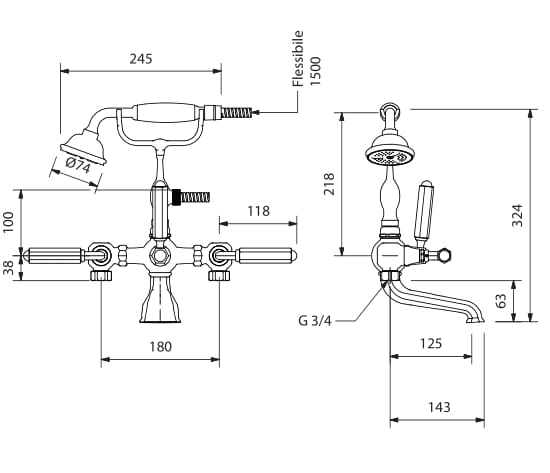 Смеситель для ванны с 2 отверстиями с ручным душем Park Avenue Темно-черная ARCH-00026342 - Вид №1