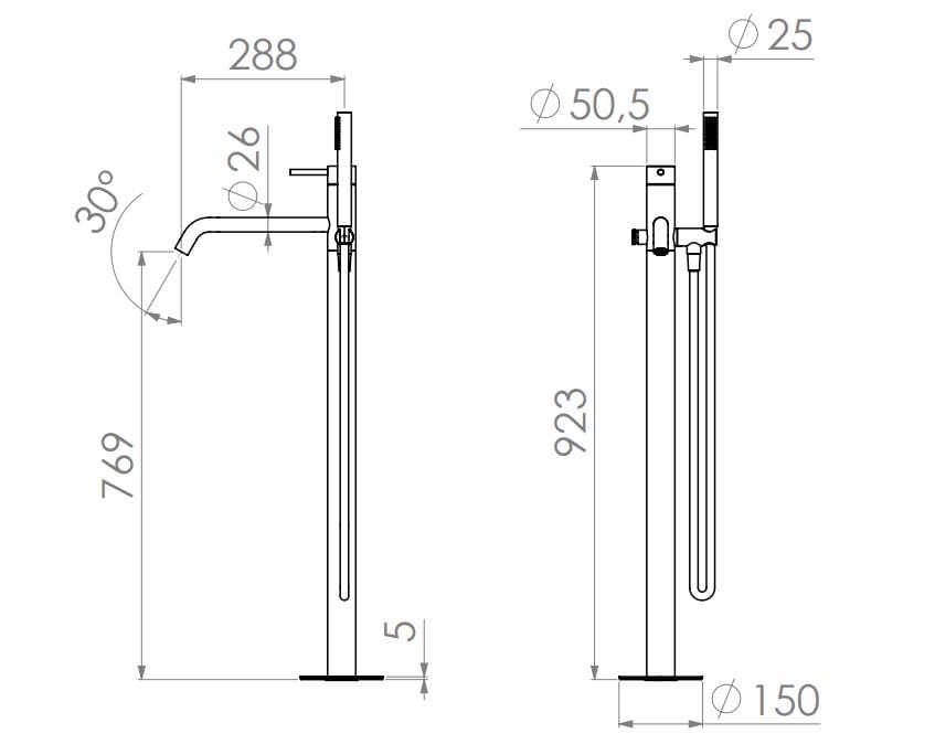 Смеситель для ванны из нержавеющей стали с ручным душем Radomonte Dex ARCH-00002717 - Вид №2