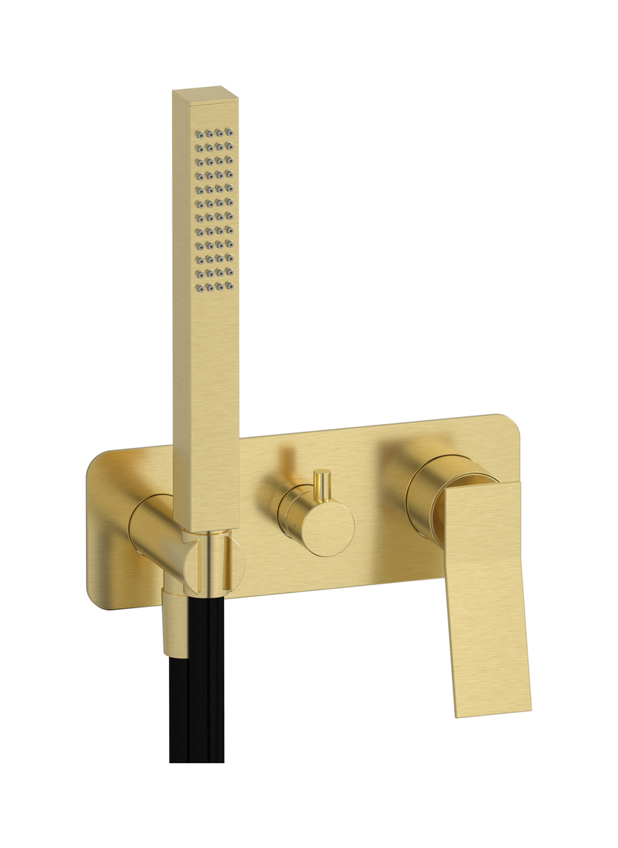 Внешние части встроенного в стену смесителя на 3 потребителя в комплекте с душевым гарнитуром. WE ARE IB wa305mb Brushed Pale Gold Wave