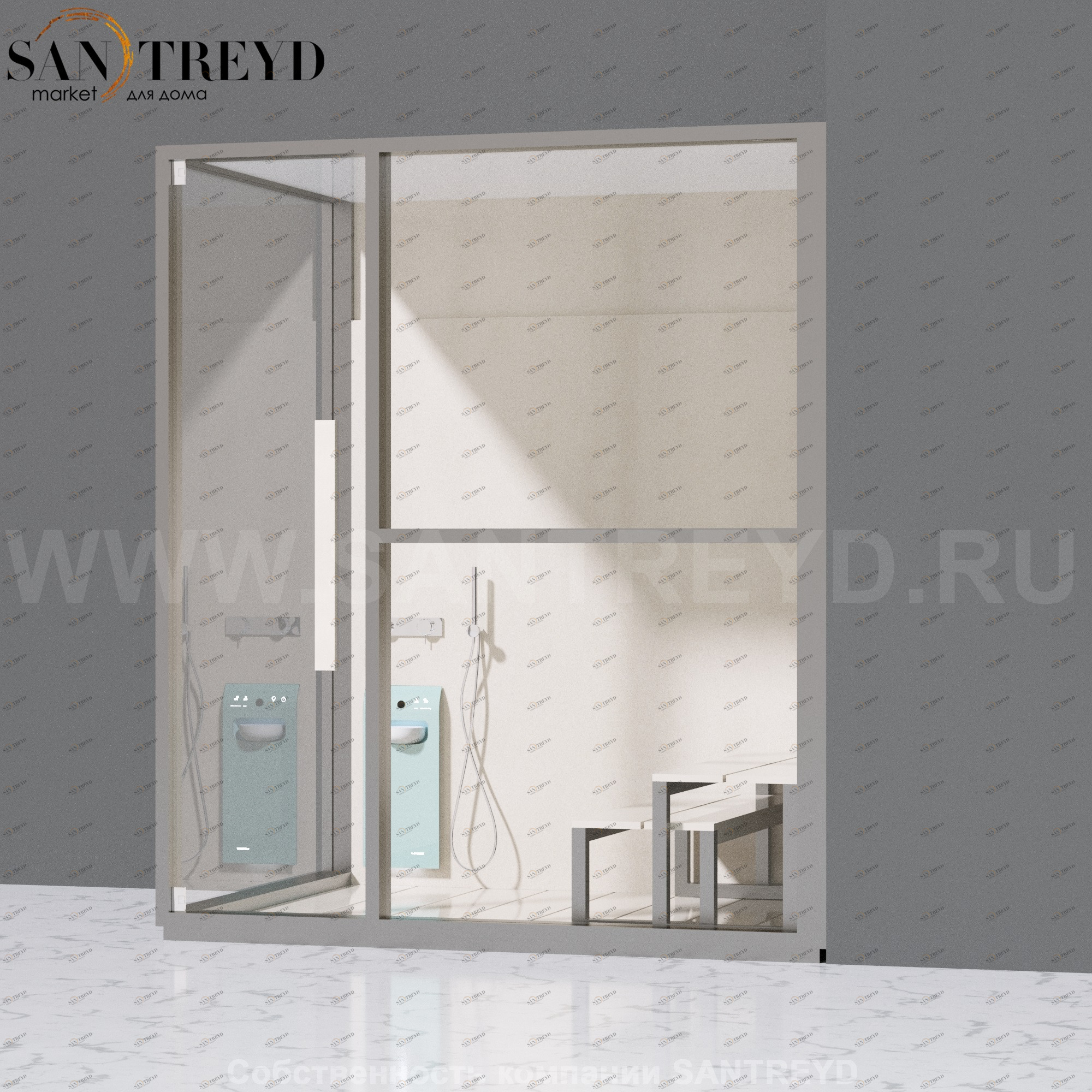 Effegibi H LARGE LO80010005 Комбинированная баня: хаммам и душ. Установка: в правый угол. Правая дверь. Мощность: 4,5 кВт макс. Размеры: длина 173 см, ширина 102 см. Отделка: матовый лакированный серый аллюминий и бежевый ламинат из керамогранита.