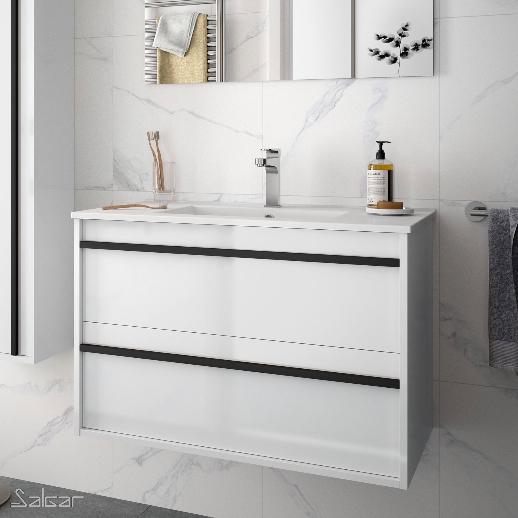 84943 SALGAR Мебель для умывальника ATTILA 800 2 ящика БЕЛЫЙ ГЛЯНЕЦ + Раковина Глянцевый белый