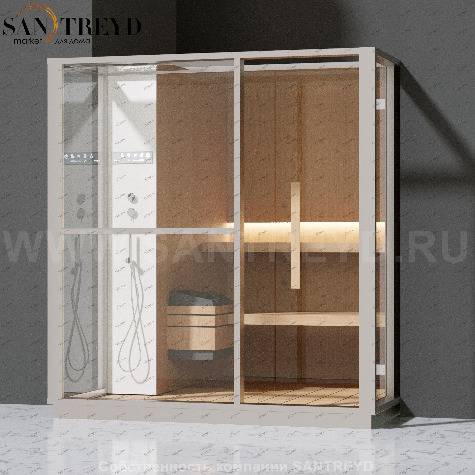 Effegibi LOGICA S LO20020012 Сауна. Установка: в полунишу. Левая дверь. Мощность: 6 кВт макс. Размеры: длина 214 см, ширина 250 см. Отделка: канадский хемлок, матовый лакированный белый аллюминий и серый ламинат из керамогранита.