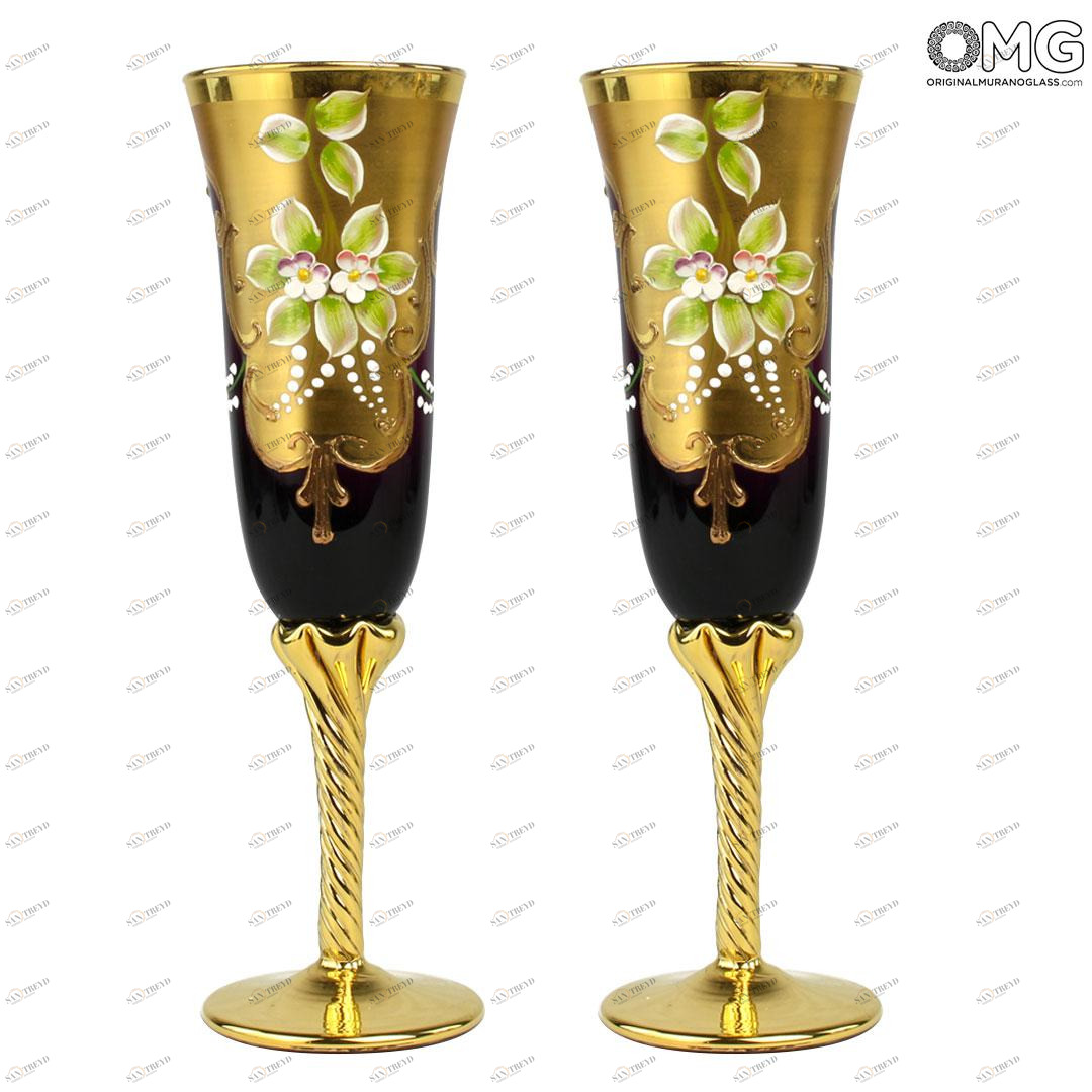 3931 ORIGINALMURANOGLASS Набор из 2 бокалов-флюте тёмно-бордового цвета- я&ты- trefuochi - муранское стекло OMG 6 см 