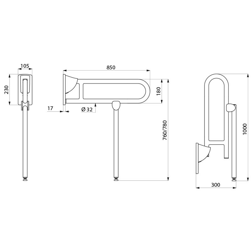 510170P Откидная опорная ручка с подпоркой, полированная сталь, д.850 мм DELABIE  - Вид №1