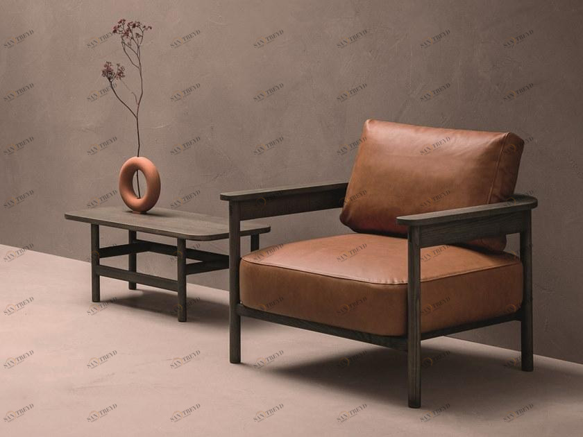 ZANETTE Кресло в коже и структура с дубовыми подлокотниками Hood sun-id-1444969