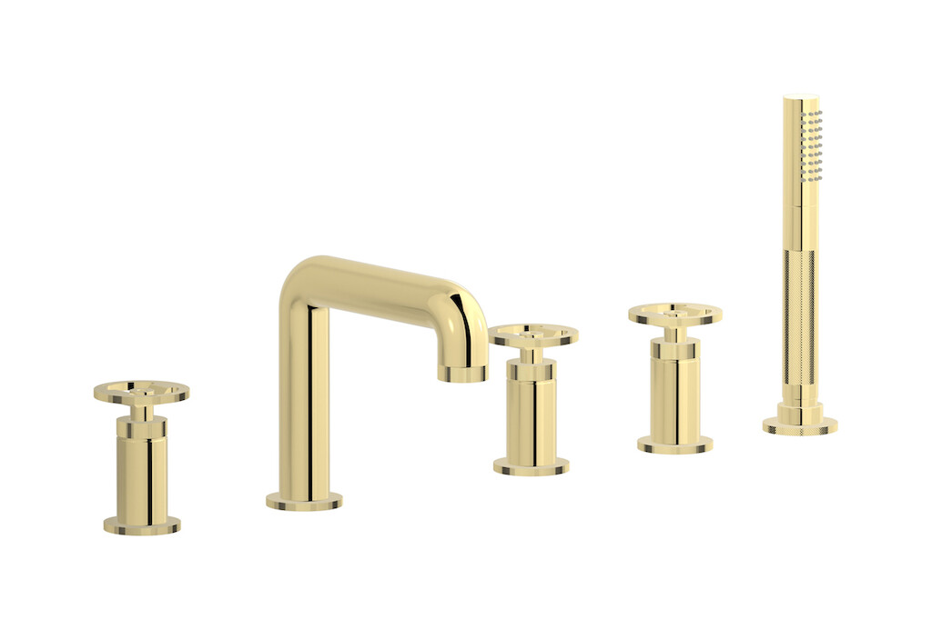 Смеситель на бортик ванной на 5 отверстий с дивертером и душевым гарнитуром. WE ARE IB b1396ii Pale Gold Bold