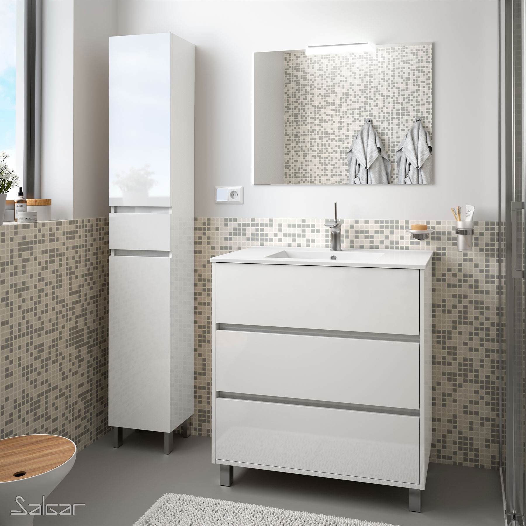 85109 SALGAR Комплект мебели для ванной ARENYS 800 WHITE GLOSS LACQUERED + Раковина + Зеркало + Свет Глянцевый белый