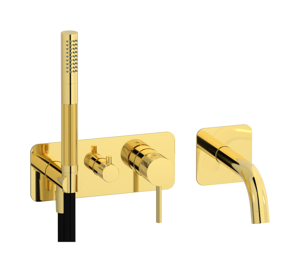 Настенный смеситель для ванной на 5 отверстий с дивертером и душевым гарнитуром. WE ARE IB id398oo Gold Industria