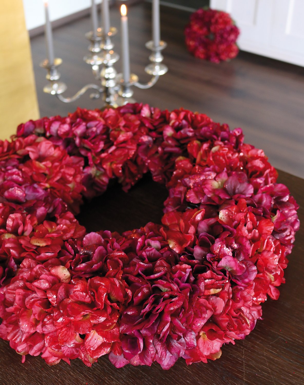 2010 432 a3 Искусственный венок из гортензии с глиттером, Ø 55 см, бордово-золотой H-andreas  - Вид №10