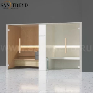 Effegibi LOGICAFILO SH LO41020004 Комбинированная баня: хаммам и сауна. Установка: в правый угол. Мощность: 10,5 кВт макс. Размеры: длина 373 см, ширина 171 см. Отделка: канадский хемлок, матовый лакированный белый аллюминий и серый ламинат из керамограни