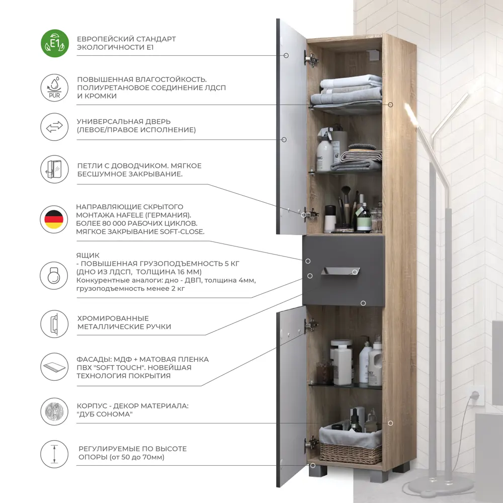 Пенал для ванной Vigo Hilton 188.9x40 см цвет графит STLM-2091675 - Вид №3