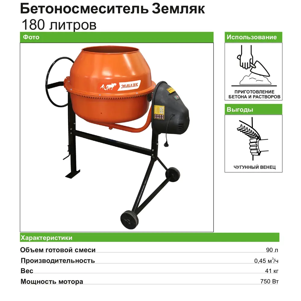 Бетоносмеситель ЗЕМЛЯК БСЭ-180 с асинхронным двигателем 750Вт 82305245 STLM-0024294 - Вид №2