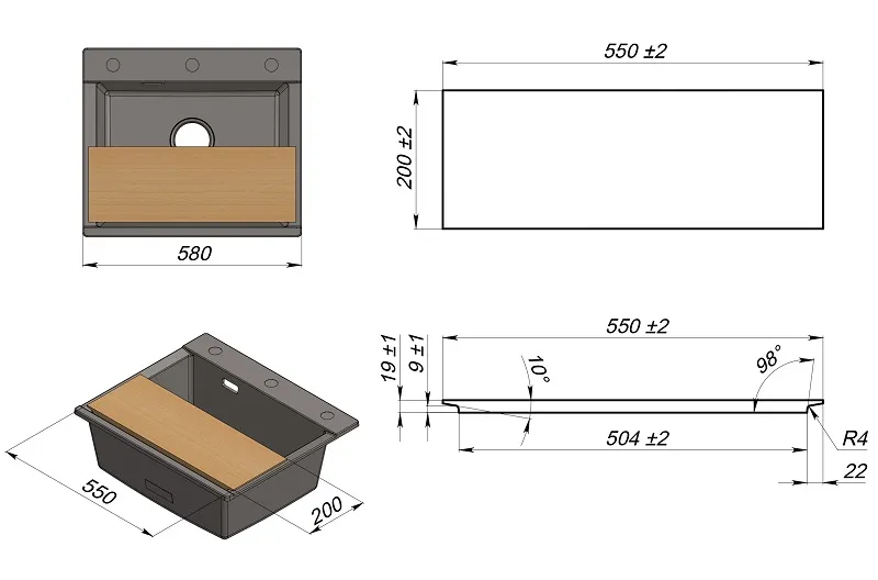 ES-5804, ШВАРЦ (чёрный металлик), кухонная мойка, кварц, ESTETICA GRANULA 5804-ST197 - Вид №4