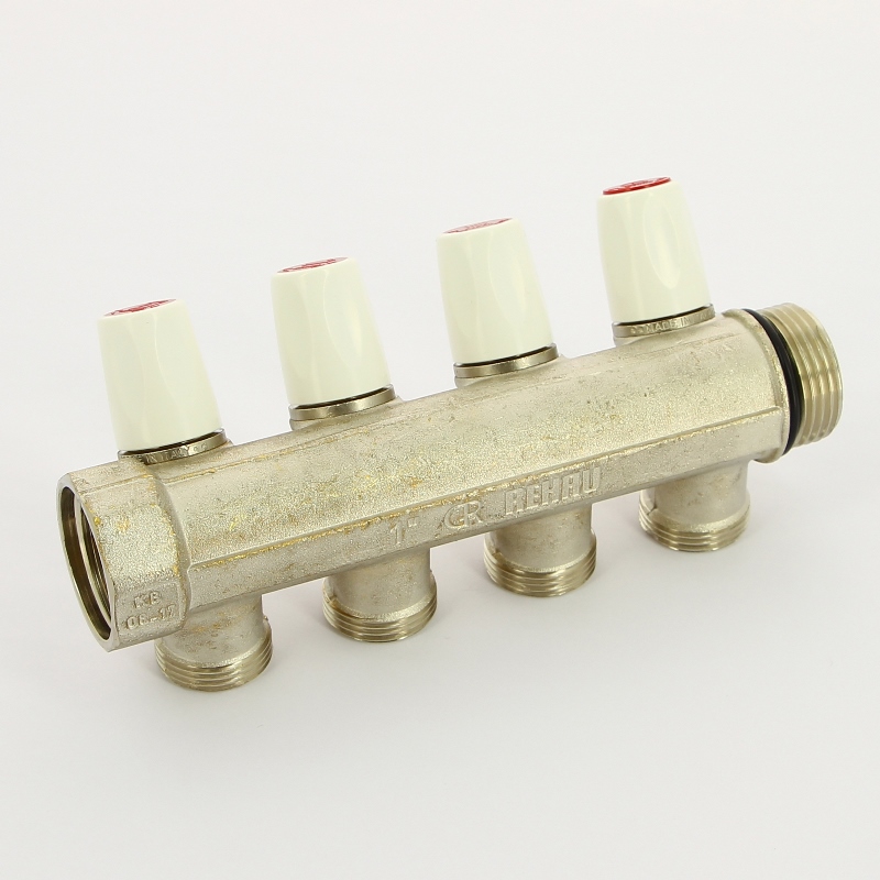 Коллектор НВ с вентилями никелированный Rautitan MX Rehau 1" x 4 вых 3/4"EK межосевое 40 мм 131647 - Вид №2