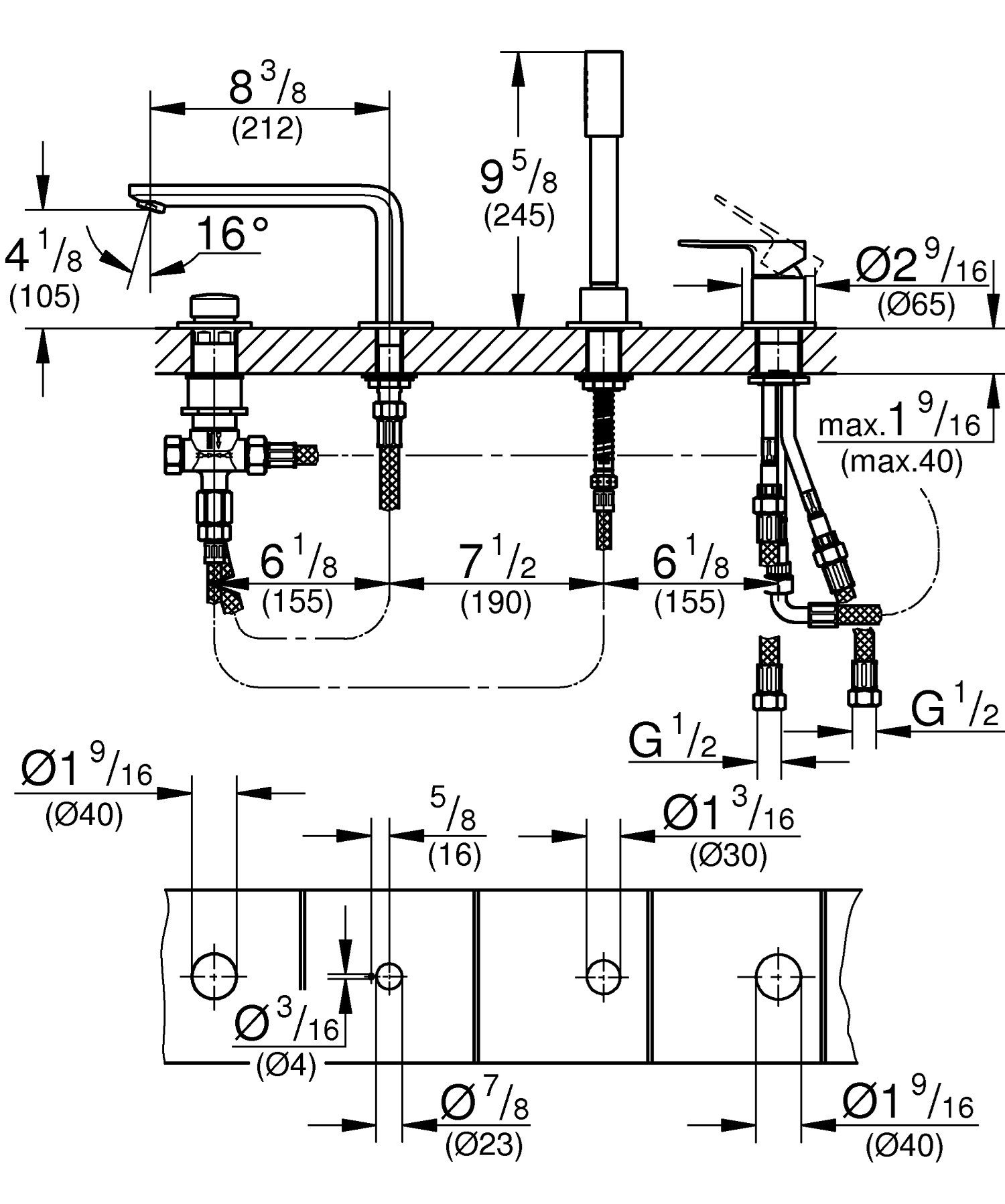 Смеситель для ванны с 4 отверстиями и переключателем Grohe linear New ARCH-00064777 - Вид №4