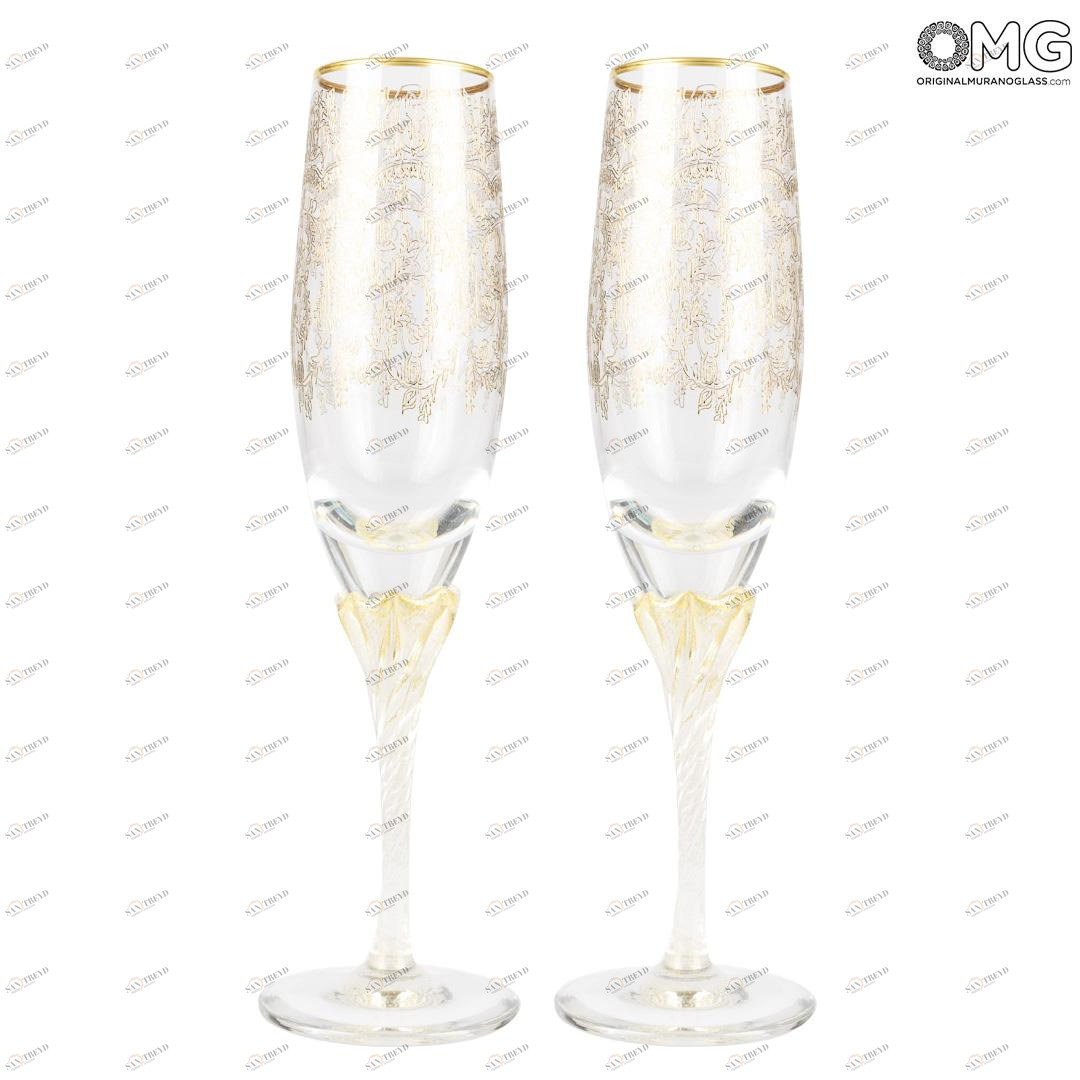 4288 ORIGINALMURANOGLASS Бокалы-флюте для шампанского Барокко - набор из 2 бокалов - муранское стекло OMG 7 см 