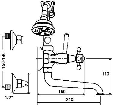 rvb Смеситель для ванны настенный с ручным душем на 2 отверстия 1920-1921 1921.--.99 - Вид №1