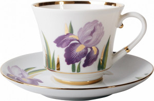 1046251 Императорский фарфоровый завод Чашка чайная с блюдцем ИФЗ "Ирисы" 220мл, ф.Банкетная Фарфор твердый