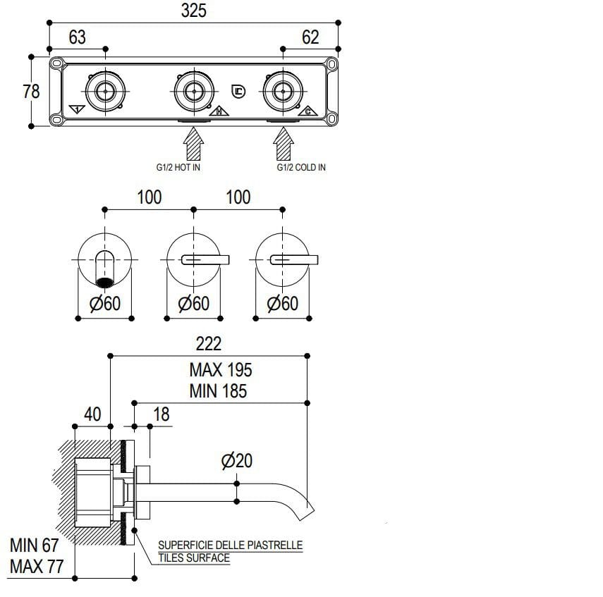 Нержавеющая сталь настенный однорычажный смеситель для раковины с 3 отверстиями Ritmonio Dot316 Round ARCH-00027119 - Вид №2