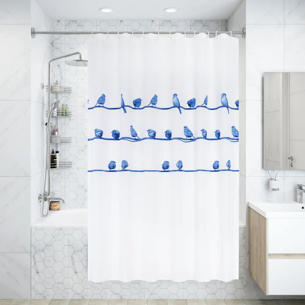 Штора для ванны Bacchetta Birdies Blu с кольцами 180x200 см полиэстер , цвет мультиколор 84621374 STLM-2004389 Шторы текстильные