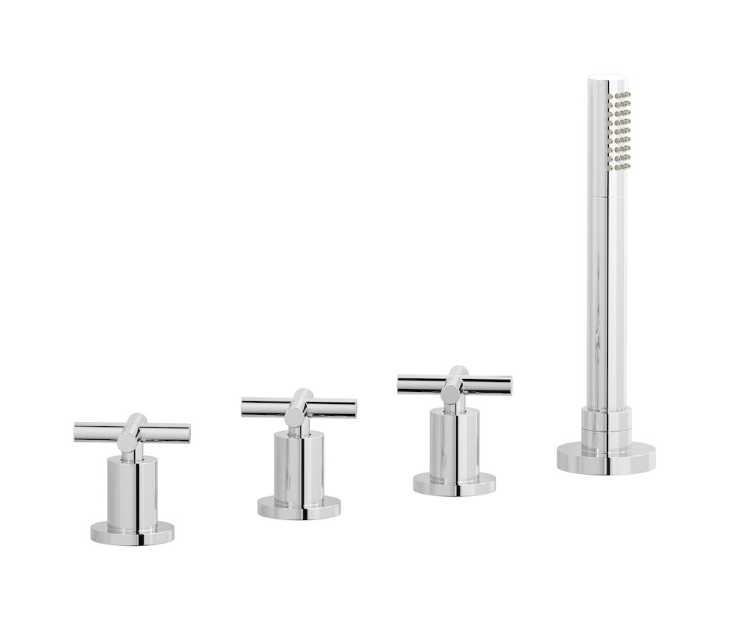 Смеситель на бортик ванной на 4 отверстия с изливом, дивертером и душевым гарнитуром. WE ARE IB wo700np Chrome WOW