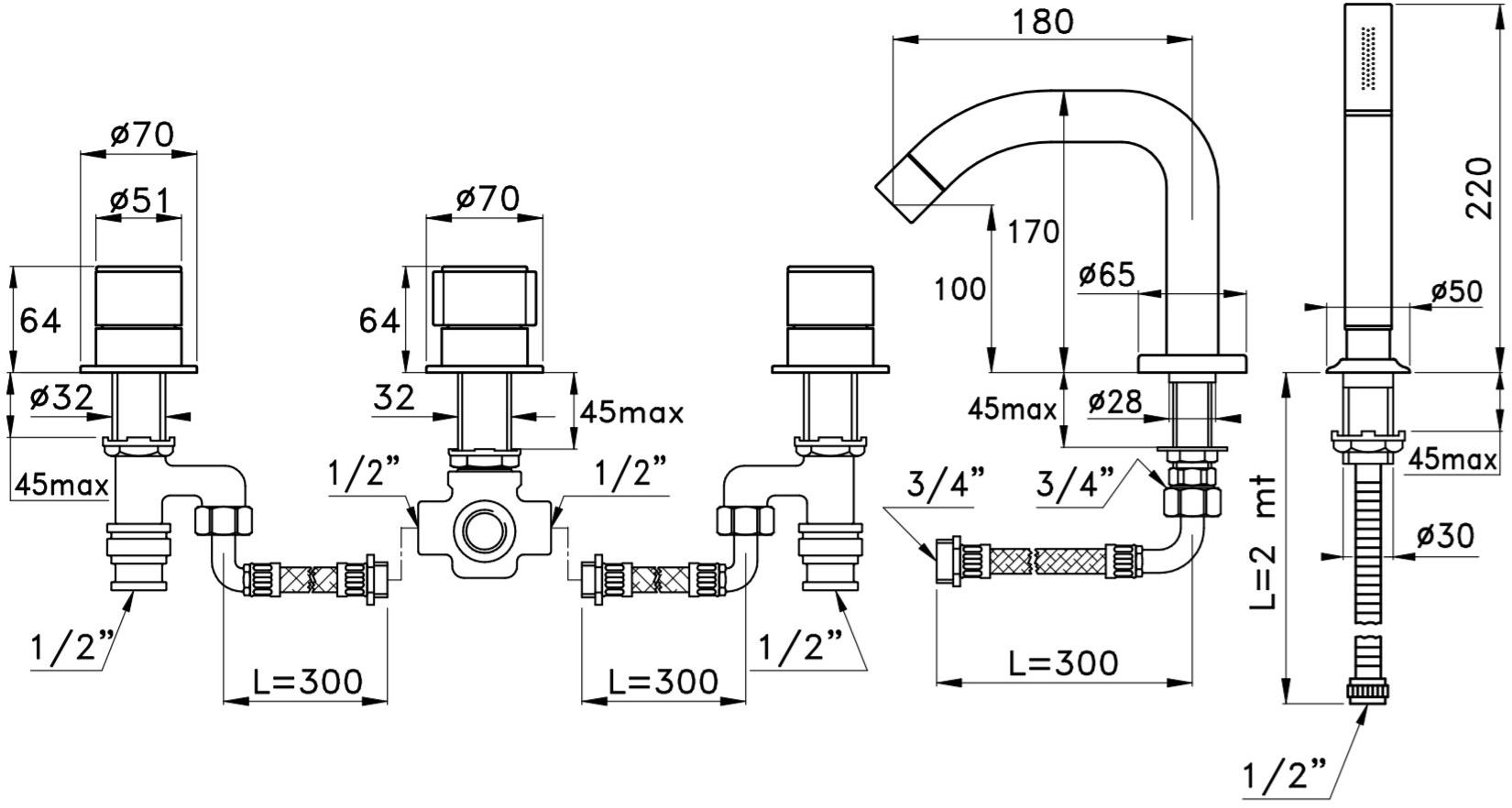 RUBINETTERIE STELLA Комплект для ванны на 5 отверстий с ручным душем Bamboo sun-id-1479466 - Вид №1