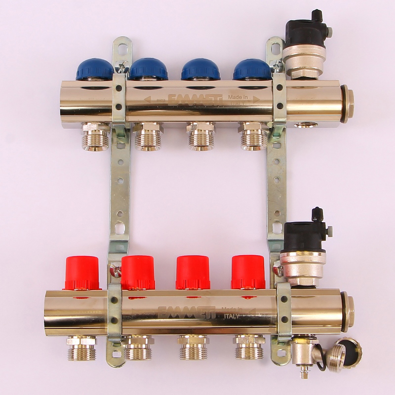Коллекторная группа TOPWAY с регулировочными и термостатическими вентилями с резьбой под евроконус EMMETI 1"x3/4"ЕК 4 выхода 01298714