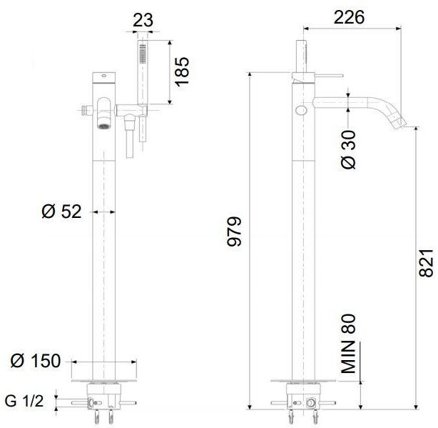 Remer Rubinetterie Смеситель для ванны напольный с ручным душем X style inox Ss x 08 - Вид №2