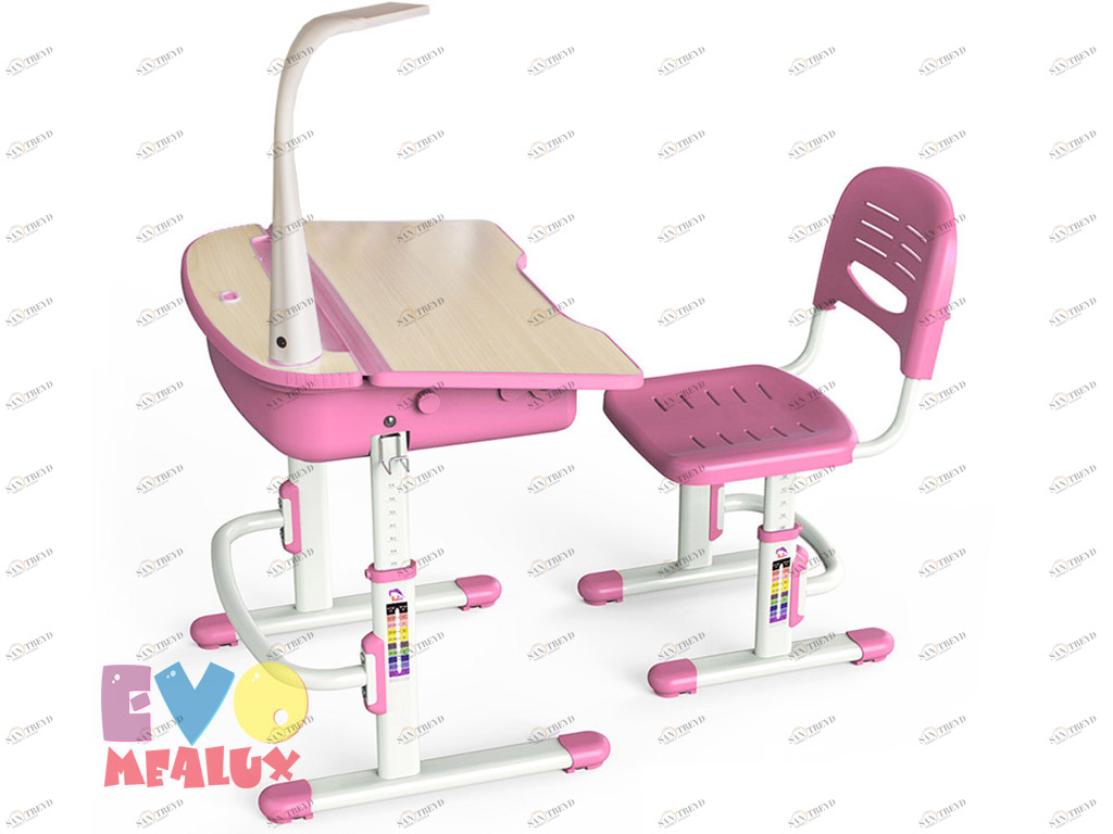 Растущая парта и стул, с лампой, белая, розовая MEALUX EVO  261442 Бежевый;розовый Santreyd 
