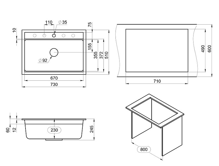 KS-7301, ЧЁРНЫЙ кухонная мойка, кварц GRANULA Kitchen Space 7301-ST321 - Вид №3