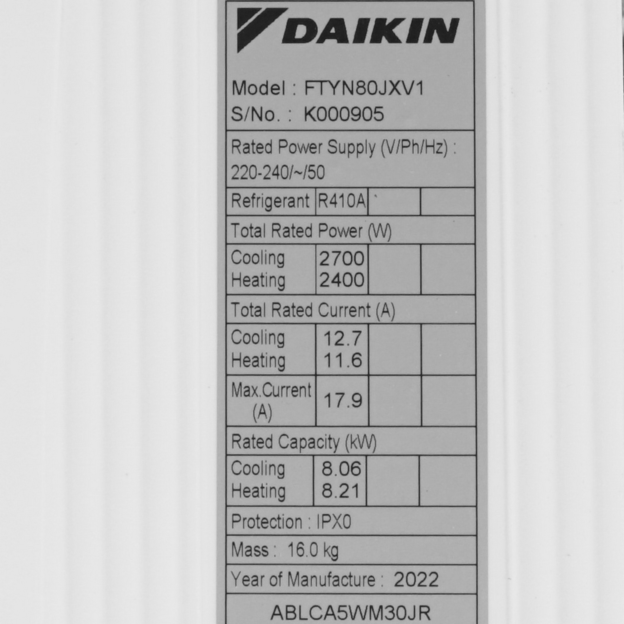 9969171 Кондиционер настенный сплит-система Daikin FTYN80JXV/RQ71CXV белый STDN-0121448 - Вид №3