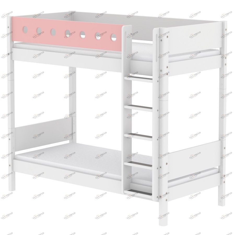 Кровать Flexa White двухъярусная с прямой лестницей, 190 см, белая с розовым 801741318