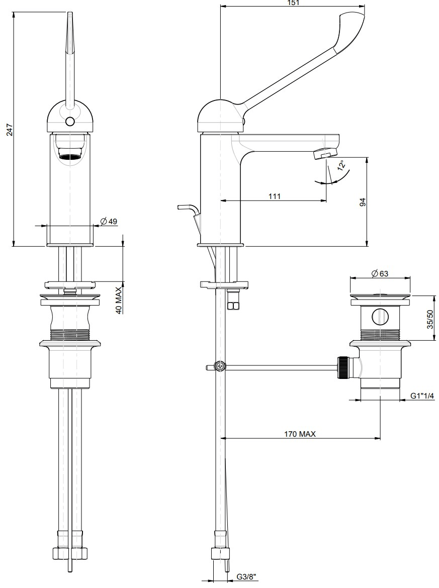 Rubinetterie Frattini Смеситель для раковины, однорычажный, с длинным рычагом и сливным клапаном Mocca sun-id-1507383 - Вид №1