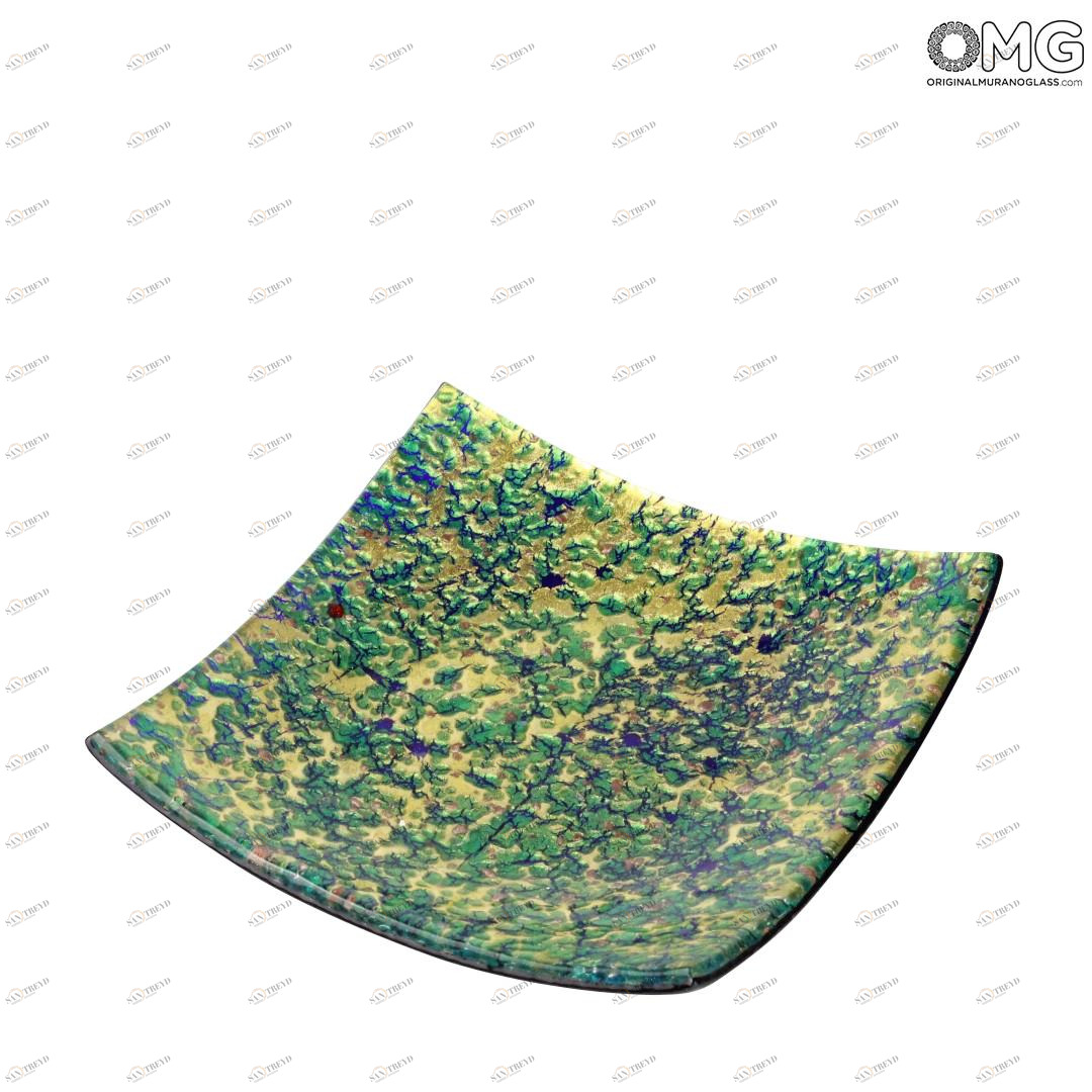 1624 ORIGINALMURANOGLASS Квадратное блюдце - Зеленое с золотом - муранское стекло 10 см 