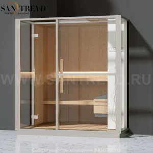 Effegibi LOGICA S LO20020011 Сауна. Установка: в полунишу. Правая дверь. Мощность: 6 кВт макс. Размеры: длина 214 см, ширина 250 см. Отделка: канадский хемлок, матовый лакированный белый аллюминий и серый ламинат из керамогранита.