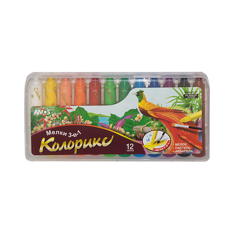 22944 Мелки восковые "Три в одном" 2 12 цв. 12 цветов в пластиковой коробке 12/48 AMOS 