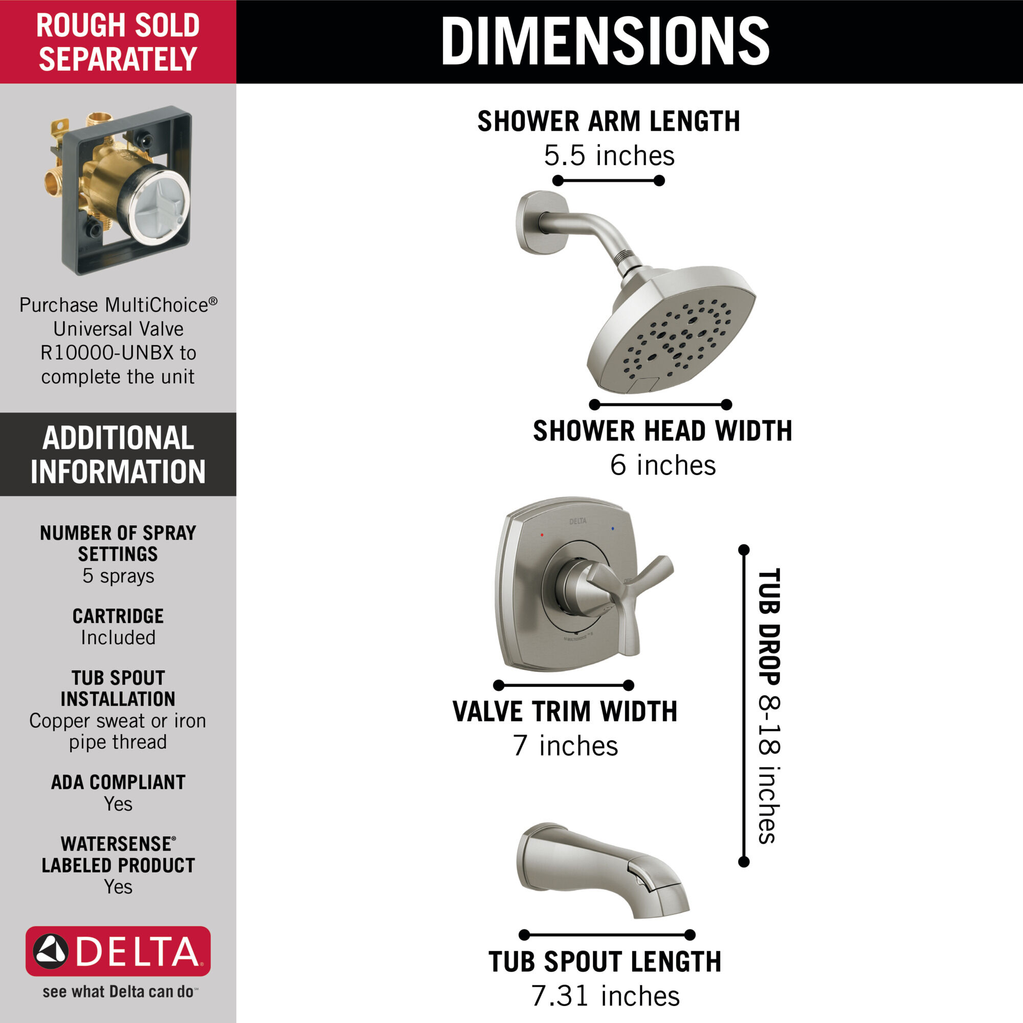 T144766-SS Ванна и душ серии 14 Delta Faucet Stryke Нержавеющая сталь  - Вид №2
