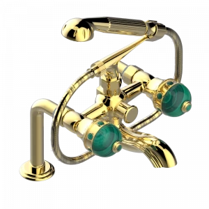 A1V-13G Смеситель для ванны/душа устанавливаемый на борту на два отверстия с душем и шлангом - 150 мм между центрами Thg-paris Sully с малахитом Золото
