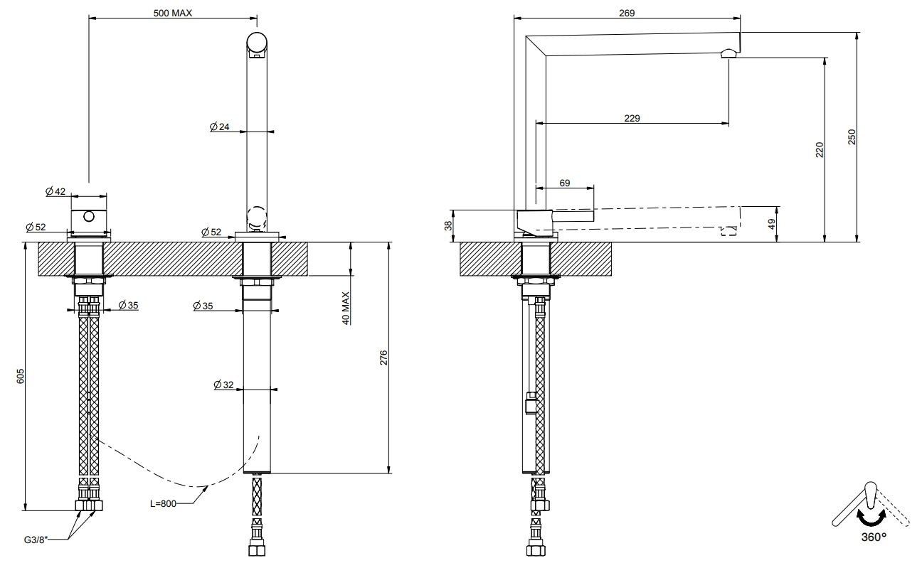 Хромированная латунь однорычажный смеситель для кухни с 2 отверстиями Gessi Oxygene ARCH-00062462 - Вид №2