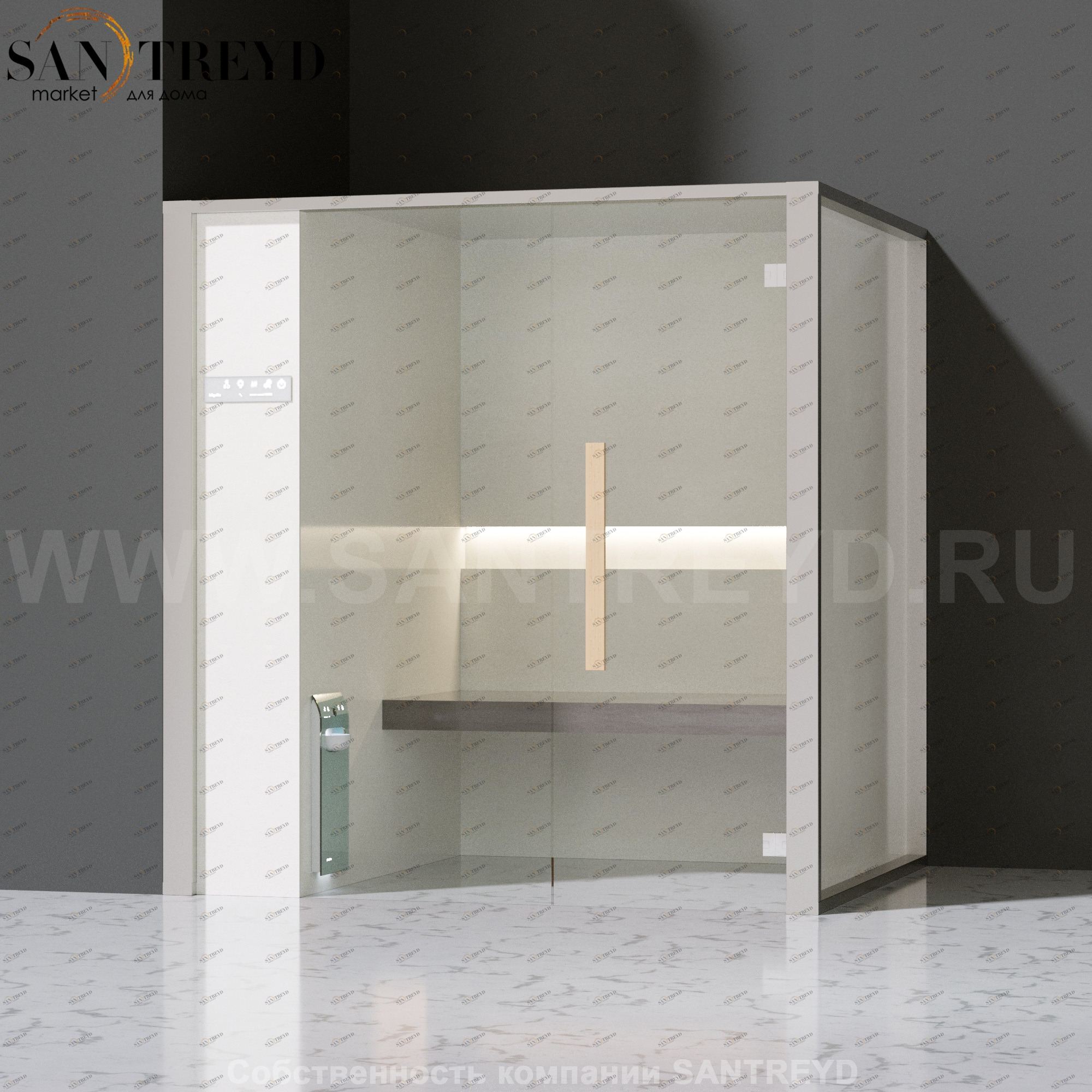 Effegibi ONEFILO H LO61020006 Хаммам. Установка: в левый угол. Левая дверь. Мощность: 4,5 кВт макс. Размеры: длина 214 см, ширина 171 см. Отделка: матовый лакированный белый аллюминий и серый ламинат из керамогранита.