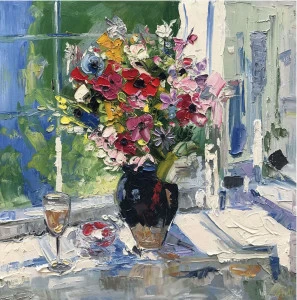 Картина на холсте 100х100 см "Шампанское и цветы" EVENHOME КАРТИНЫ МАСЛОМ 129930 Зеленый;розовый;синий