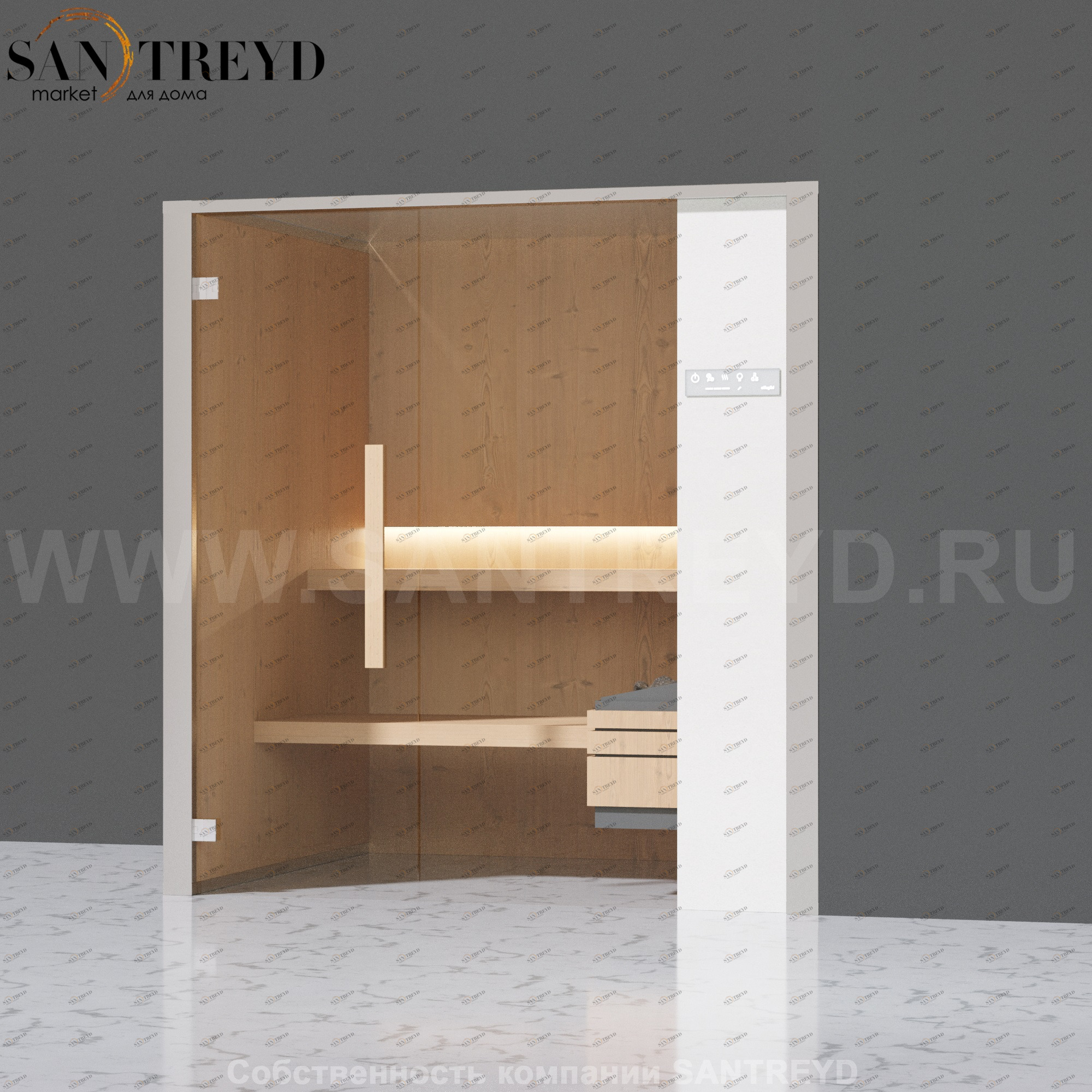 Effegibi ONEFILO S LO51020007 Сауна. Установка: в правый угол. Правая дверь. Мощность: 4,5 кВт макс. Размеры: длина 214 см, ширина 171 см. Отделка: матовый лакированный белый аллюминий и серый ламинат из керамогранита.